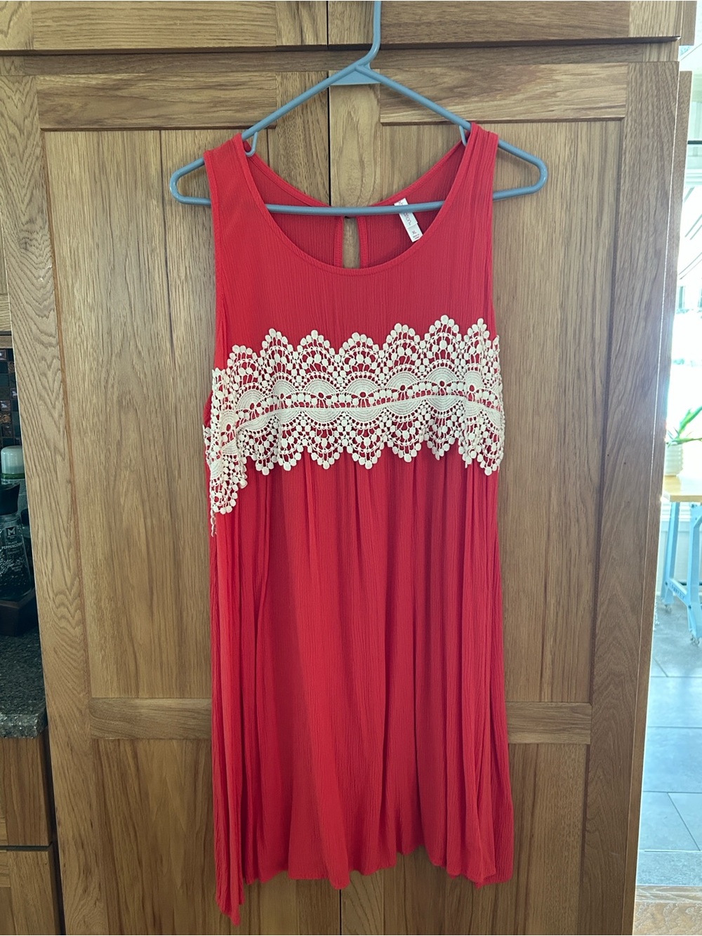 Gauze Red Crochet-Trim Sleeveless Dress - Women's
